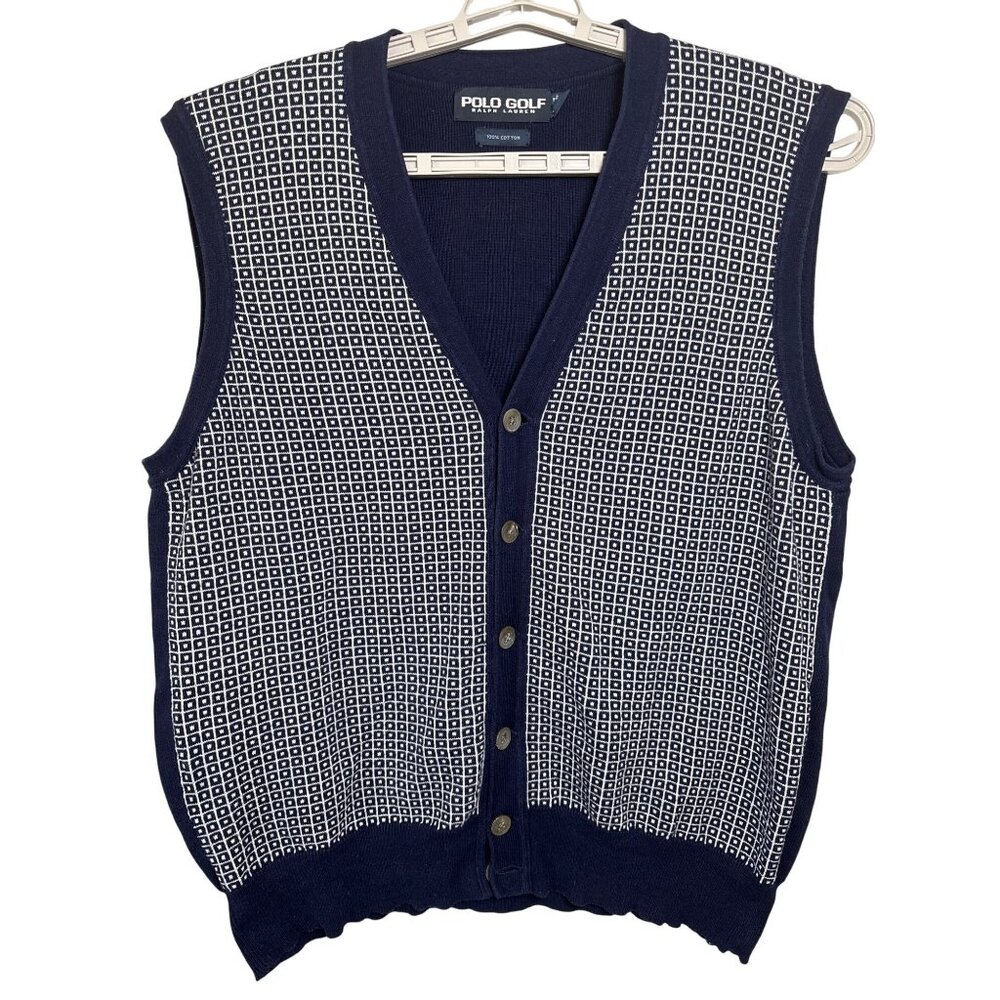 Polo Ralph Lauren Golf Vest Size Large Classic Cotton‎ Button Front Navy White